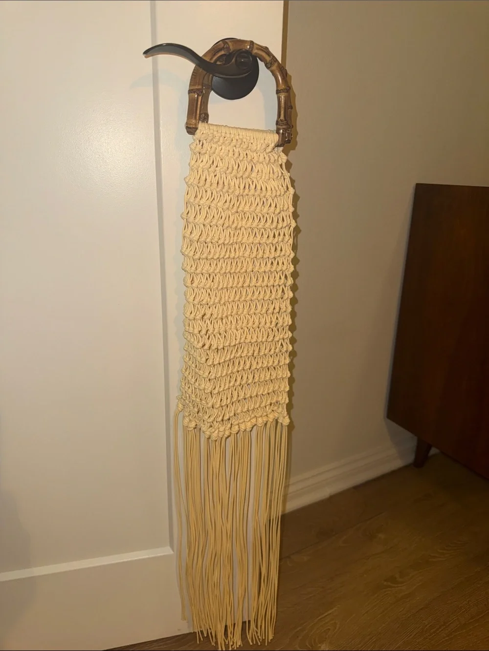 J. Crew Cream Macramé Wristlet Clutch with Bamboo Handle